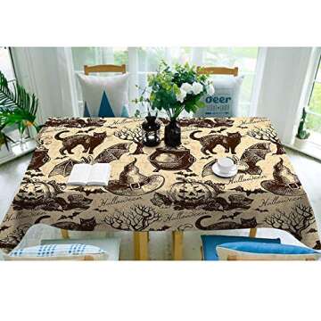 Moslion Tablecloth Halloween Pattern Retro Vintage Style Animal Cat Pumpkin Owl Bat Witch Hat Tree Rectangle Tablecloth Picnic Tablecloth BBQ Table Cloths Polyester for Kitchen 52x70 Inch