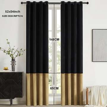 BULBUL Black Gold Color Block Window Curtains Panels 84 inches Long Velvet Farmhouse Drapes for Bedroom Living Room Darkening Treatment with Grommet Set of Black Gold