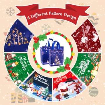 VANSHINIEER 12PCS Christmas Gift Bags, 6 Large 6 Medium Reusable Christmas Tote Bags with Handles for Shopping, Non-Woven Christmas Treat Bags for Gifts Wrapping, Xmas Party