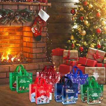VANSHINIEER 12PCS Christmas Gift Bags, 6 Large 6 Medium Reusable Christmas Tote Bags with Handles for Shopping, Non-Woven Christmas Treat Bags for Gifts Wrapping, Xmas Party