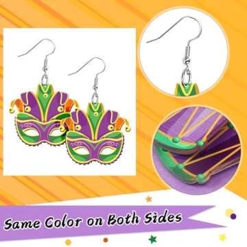 AUGSUN 8 Pairs Holiday Earrings for Women Mardi Gras Acrylic Earrings Double Side Design Crown Pendant Earrings Decorative Jewelry