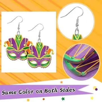 AUGSUN 8 Pairs Holiday Earrings for Women Mardi Gras Acrylic Earrings Double Side Design Crown Pendant Earrings Decorative Jewelry