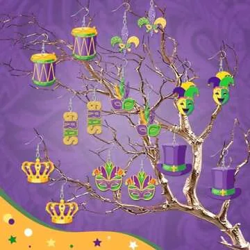 AUGSUN 8 Pairs Holiday Earrings for Women Mardi Gras Acrylic Earrings Double Side Design Crown Pendant Earrings Decorative Jewelry