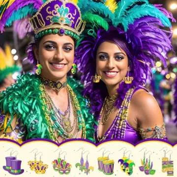 AUGSUN 8 Pairs Holiday Earrings for Women Mardi Gras Acrylic Earrings Double Side Design Crown Pendant Earrings Decorative Jewelry