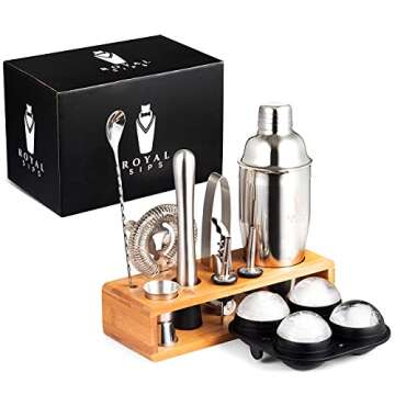 Royal Sips Premium Cocktail Shaker Set With Ice Ball Mold And Bamboo Stand - Bar Tools And Bar Accessories - Bar Set Shakers Bartending Drink Mixer - Drink Shaker Cocktail Set - Mixology Bartender Kit