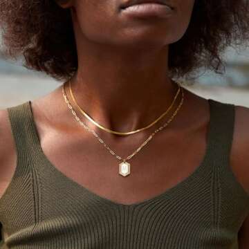 MYEARS Women Layered Necklace Gold Italian Snake Chain Choker Initial Hexagon Halo Radiant Pendant 14K Gold Plated Simple Dainty Paperclip Everyday Trendy Jewelry Letter H