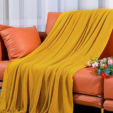 NTBAY Acrylic Knitted Throw Blanket, Lightweight and Soft Cozy Decorative Woven Blanket with Tassels for Travel, Couch, Bed, Sofa, 51x67 Inches, Mustard Yellow Striped