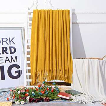 NTBAY Acrylic Knitted Throw Blanket, Lightweight and Soft Cozy Decorative Woven Blanket with Tassels for Travel, Couch, Bed, Sofa, 51x67 Inches, Mustard Yellow Striped