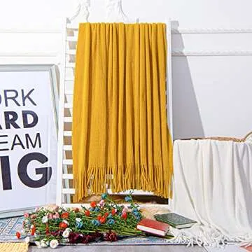 NTBAY Acrylic Knitted Throw Blanket, Lightweight and Soft Cozy Decorative Woven Blanket with Tassels for Travel, Couch, Bed, Sofa, 51x67 Inches, Mustard Yellow Striped