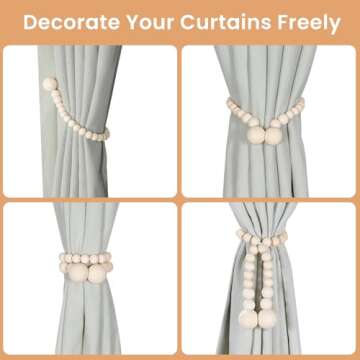 KLOGTSIND Magnetic Curtain Tiebacks, Curtain Tie Backs for Curtains 6 Pack, Wood Bead Curtain Tiebacks, Curtain Holders for Boho Bedroom Decor, Baby Nursery Decor, Farmhouse Decor