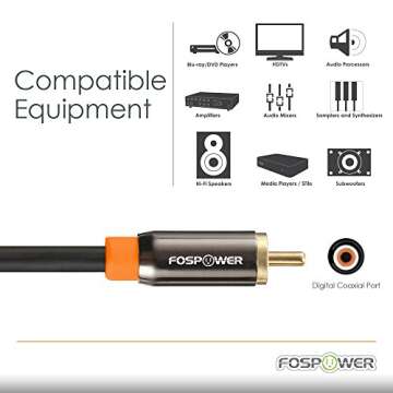 FosPower Digital Audio Coaxial Cable [24K Gold Plated Connectors] Premium S/PDIF RCA Male to RCA Male for Home Theater, HDTV, Subwoofer, Hi-Fi Systems