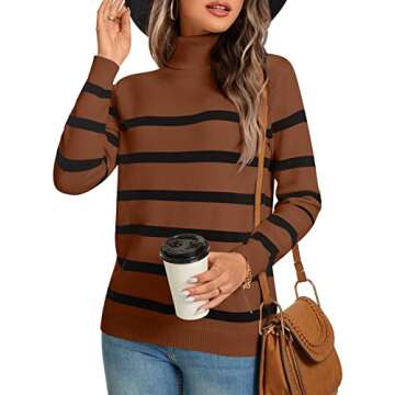 LONGYUAN Women's Warm Color Block Patchwork Striped Pullover Sweater Turtleneck Knit Long Sleeve Tops M
