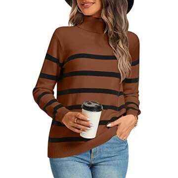 LONGYUAN Women's Warm Color Block Patchwork Striped Pullover Sweater Turtleneck Knit Long Sleeve Tops M