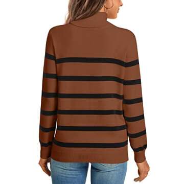 LONGYUAN Women's Warm Color Block Patchwork Striped Pullover Sweater Turtleneck Knit Long Sleeve Tops M