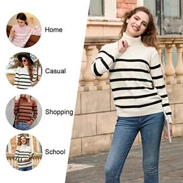 LONGYUAN Women's Warm Color Block Patchwork Striped Pullover Sweater Turtleneck Knit Long Sleeve Tops M