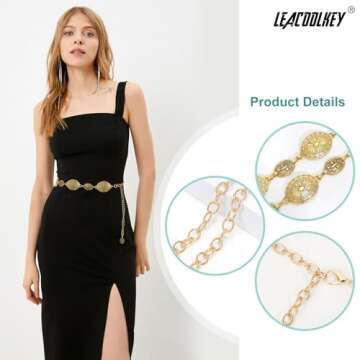 LEACOOLKEY Women Gold Western Concho Chain Belt Boho Metal Western Cowgirl Chain Belt for Dress Adju...