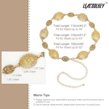 LEACOOLKEY Women Gold Western Concho Chain Belt Boho Metal Western Cowgirl Chain Belt for Dress Adjustable