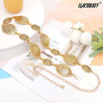 LEACOOLKEY Women Gold Western Concho Chain Belt Boho Metal Western Cowgirl Chain Belt for Dress Adjustable