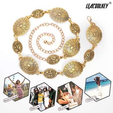 LEACOOLKEY Women Gold Western Concho Chain Belt Boho Metal Western Cowgirl Chain Belt for Dress Adjustable