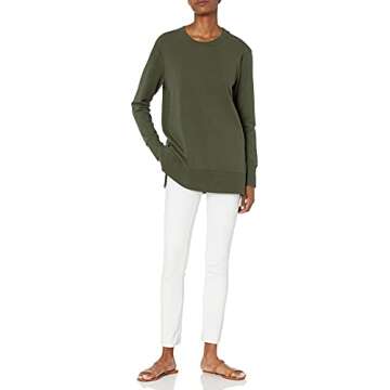 Daily Ritual Women's Long-Sleeve Side-Vent Crewneck Tunic, Olive, Small