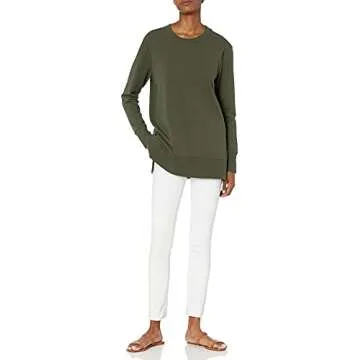 Daily Ritual Women's Long-Sleeve Side-Vent Crewneck Tunic, Olive, Small