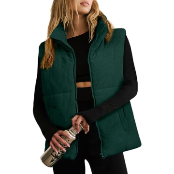 EVALESS Corduroy Shacket Trendy Cropped Puffer Vest Women Cropped Lightweight Stand Collar Sleeveles...