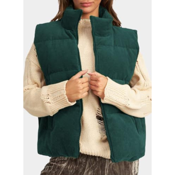 EVALESS Corduroy Shacket Trendy Cropped Puffer Vest Women Cropped Lightweight Stand Collar Sleeveless Jackets Fall 2024 Zip Up Warm Coat Outerwear with Pockets Winter Outfits Clothes，Green Small