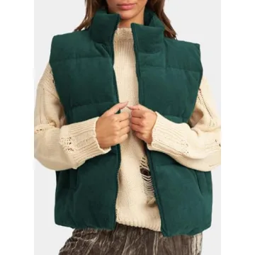 EVALESS Corduroy Shacket Trendy Cropped Puffer Vest Women Cropped Lightweight Stand Collar Sleeveless Jackets Fall 2024 Zip Up Warm Coat Outerwear with Pockets Winter Outfits Clothes，Green Small