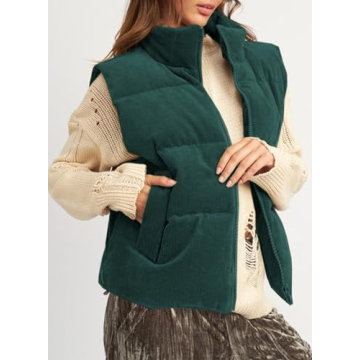 EVALESS Corduroy Shacket Trendy Cropped Puffer Vest Women Cropped Lightweight Stand Collar Sleeveless Jackets Fall 2024 Zip Up Warm Coat Outerwear with Pockets Winter Outfits Clothes，Green Small