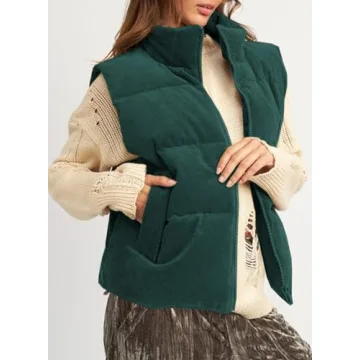 EVALESS Corduroy Shacket Trendy Cropped Puffer Vest Women Cropped Lightweight Stand Collar Sleeveless Jackets Fall 2024 Zip Up Warm Coat Outerwear with Pockets Winter Outfits Clothes，Green Small