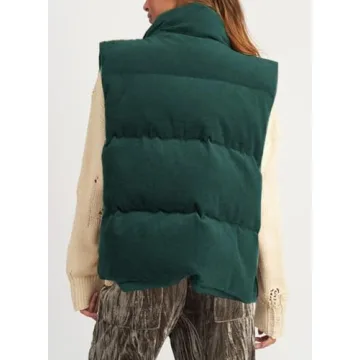 EVALESS Corduroy Shacket Trendy Cropped Puffer Vest Women Cropped Lightweight Stand Collar Sleeveless Jackets Fall 2024 Zip Up Warm Coat Outerwear with Pockets Winter Outfits Clothes，Green Small