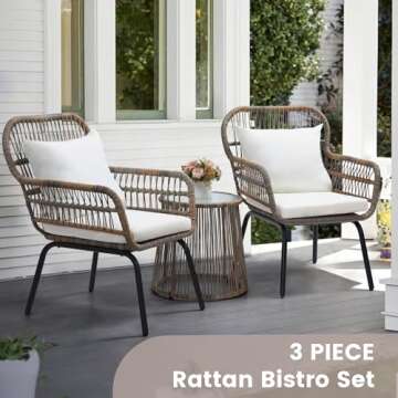 Wildformers 3 Piece Rattan Wicker Bistro Set with Glass Top Table for Outdoor Spaces, Perfect for Ba...