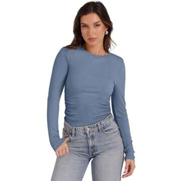 WIHOLL Womens Tops 2024 Fall Fashion Cute Long Sleeve Clothes Outfits Dressy Casual Crew Neck Basic Classic T Shirts Grey Blue S