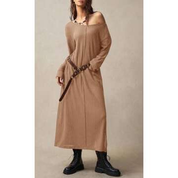 MITILLY Waffle Knit Dresses for Women 2024 Fall Long Sleeve Casual Long Dress Boho Trendy Midi Dress...