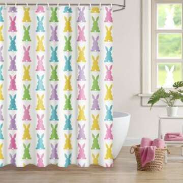 MelonBoat Easter Shower Curtain Set: Easter Bunny Bathroom Shower Curtain with Hooks, Colorful Easter Rabbit Silhouette Fabric Bath Shower Curtain for Winter Bathroom Decorations Home Indoor Decor