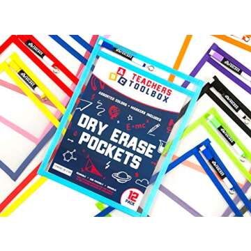 Dry Erase Pockets 12pc [10” x 13”] +Free PENS +Bonus 900 Downloadable Worksheets! Write and Wipe Reusable Plastic Sheet Protectors for Classroom Organization & Teaching Supplies by Teachers Toolbox