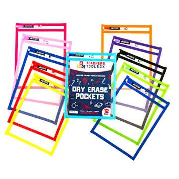 Dry Erase Pockets 12pc [10” x 13”] +Free PENS +Bonus 900 Downloadable Worksheets! Write and Wipe Reusable Plastic Sheet Protectors for Classroom Organization & Teaching Supplies by Teachers Toolbox