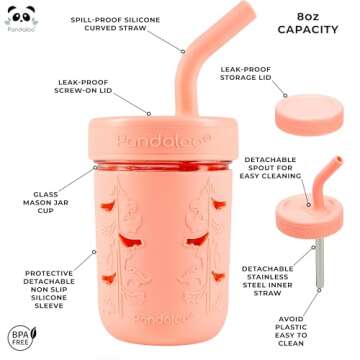Pandaloo® Mason Jar Toddler Cup - 8 oz Spill-Proof Glass Tumbler with Silicone Straw and Lid, Non-S...