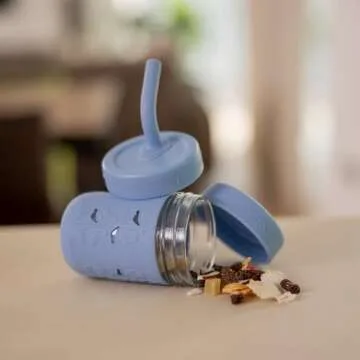 Pandaloo® Mason Jar Toddler Cup - 8 oz Spill-Proof Glass Tumbler with Silicone Straw and Lid, Non-Slip Sleeve, BPA-Free Toddler Snack Cups - Perfect Smoothie Cups with Lids and Straws for Kids