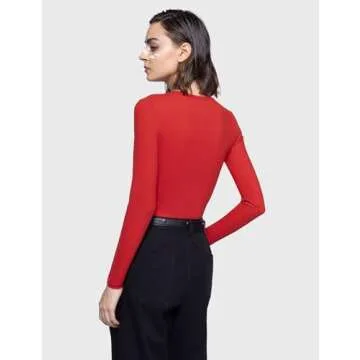 PUMIEY Women's Long Sleeve T Shirts Crew Neck Slim Fit Going Out Tops for Women Sexy Basic Tee, Ruby Medium