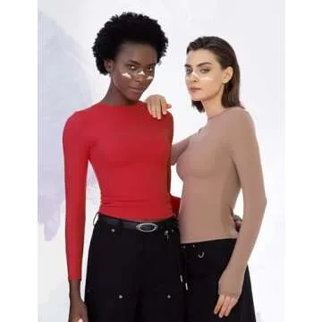 PUMIEY Women's Long Sleeve T Shirts Crew Neck Slim Fit Going Out Tops for Women Sexy Basic Tee, Ruby Medium