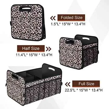 Femuar Car Trunk Organizer, Large Capacity Collapsible Trunk Storage with 11 Pockets, Waterproof, Non-Slip, Suitable for Car, SUV, Truck, Van, Jeep, Sedan, Leopard Print