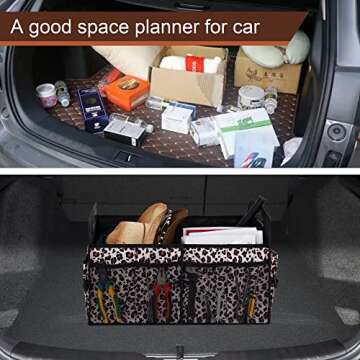 Femuar Car Trunk Organizer, Large Capacity Collapsible Trunk Storage with 11 Pockets, Waterproof, Non-Slip, Suitable for Car, SUV, Truck, Van, Jeep, Sedan, Leopard Print