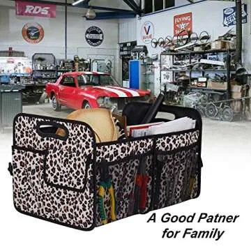 Femuar Car Trunk Organizer, Large Capacity Collapsible Trunk Storage with 11 Pockets, Waterproof, Non-Slip, Suitable for Car, SUV, Truck, Van, Jeep, Sedan, Leopard Print