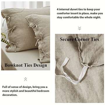 Simple&Opulence 100% Linen Duvet Cover Set 3pcs with Bowknot Ties Closure Natural French Washed Flax Solid Color Soft Breathable Farmhouse Bedding - Linen, Queen Size
