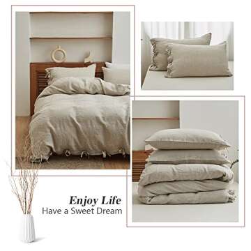 Simple&Opulence 100% Linen Duvet Cover Set 3pcs with Bowknot Ties Closure Natural French Washed Flax Solid Color Soft Breathable Farmhouse Bedding - Linen, Queen Size
