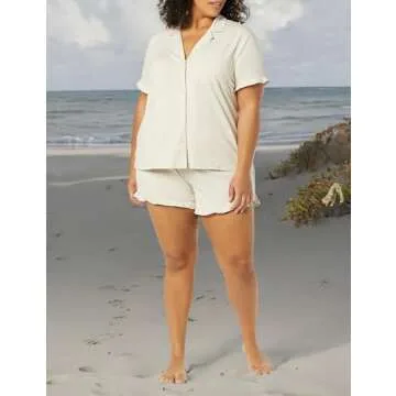 Amazon Essentials Women's Cotton Modal Piped Notch Collar Pajama Set (Available in Plus Size), Beige, Small