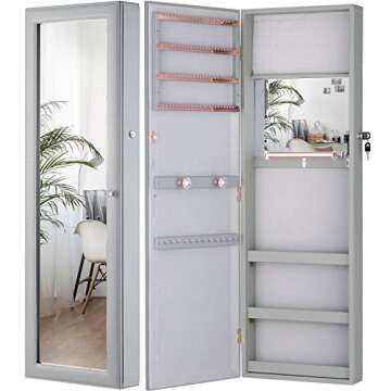LUXFURNI Jewelry Armoire Organizer, Wall/Door Mounted Cabinet with Full Length Mirror (Grey)