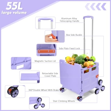 Foldable Utility Cart with Stair Climbing Wheels in Purple