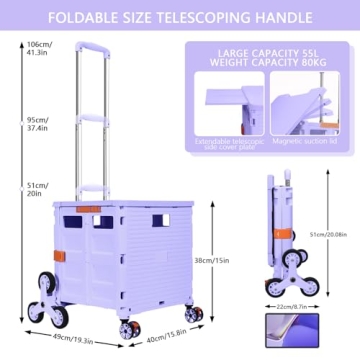 Foldable Utility Cart with Stair Climbing Wheels in Purple
